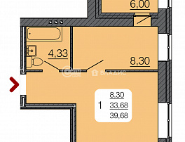 1-комнатная квартира, 39.68 м2
