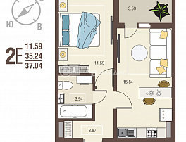 1-комнатная квартира, 37.04 м2