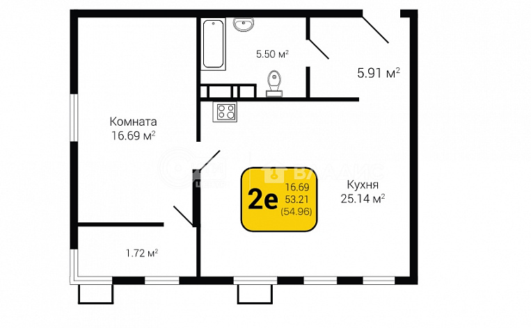 1-комнатная квартира, 54.96 м2, эт. 3, id: 747025, фото 6
