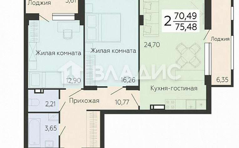 2-Комнатная квартира 70.49м², эт. 10, фото 6