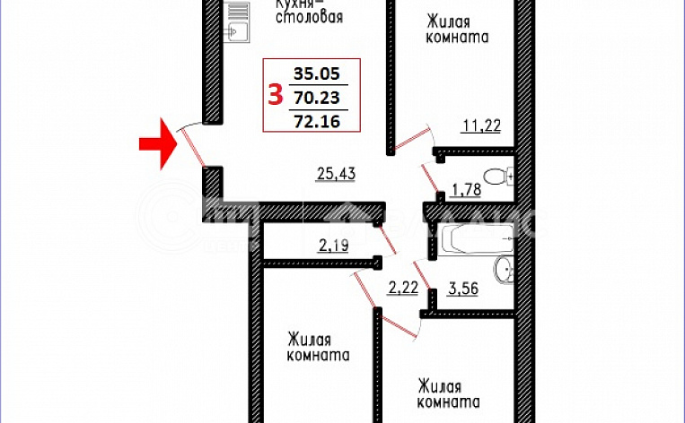 3-комнатная квартира, 72.16 м2, эт. 3, id: 735493, фото 3