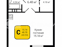 1-комнатная квартира, 49.59 м2