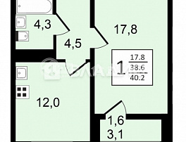 1-комнатная квартира, 40.2 м2