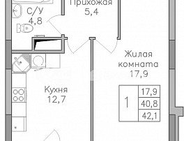 1-комнатная квартира, 42 м2