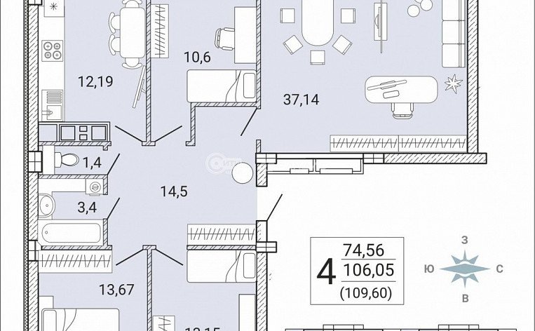 4-комнатная квартира, 109.6 м2, эт. 15, id: 729041, фото 12