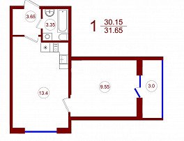 1-комнатная квартира, 31.65 м2