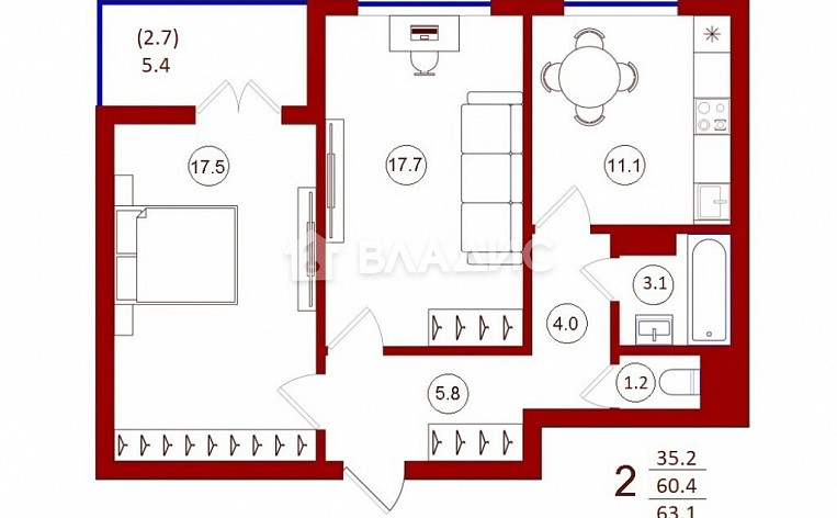 2-Комнатная квартира 60.30м², эт. 3, фото 37