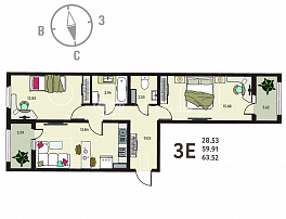 2-комнатная квартира, 63.52 м2