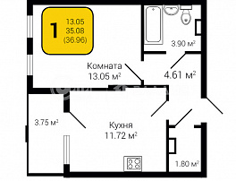 1-комнатная квартира, 36.96 м2