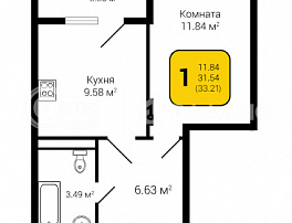 1-комнатная квартира, 33.21 м2