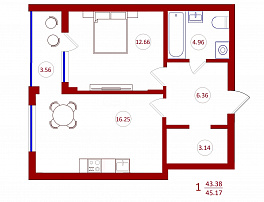 1-комнатная квартира, 45.17 м2