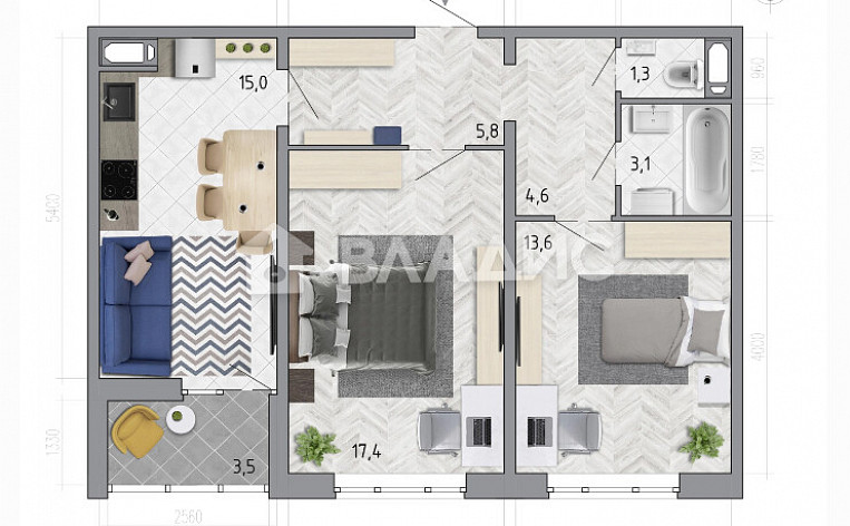 2-Комнатная квартира 62.60м², эт. 13, фото 4
