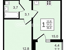 1-комнатная квартира, 36.9 м2