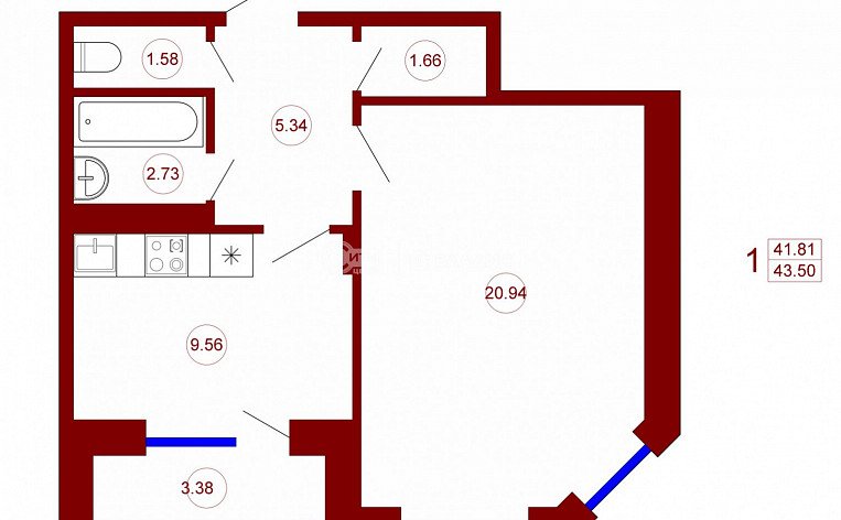 1-комнатная квартира, 43.5 м2, эт. 20, id: 829660, фото 4