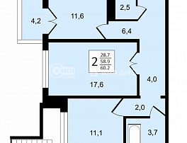 2-комнатная квартира, 60.2 м2