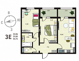 2-комнатная квартира, 54.74 м2