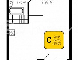 1-комнатная квартира, 35.51 м2