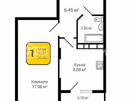 1-комнатная квартира, 38.46 м2