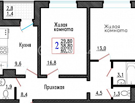 2-комнатная квартира, 60.2 м2