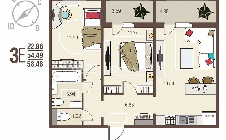 2-комнатная квартира, 58.48 м2, эт. 6, id: 978313, фото 17