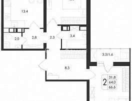 2-комнатная квартира, 66.6 м2