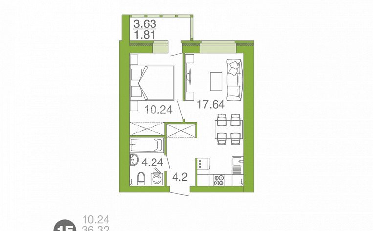 1-комнатная квартира, 38 м2, эт. 1, id: 779380, фото 25