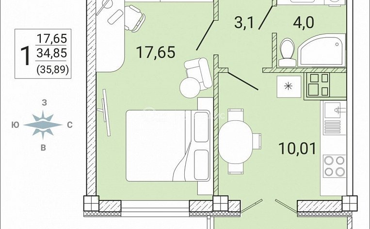 1-комнатная квартира, 35.89 м2, эт. 14, id: 938533, фото 12