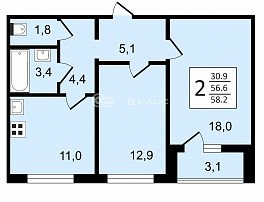 2-комнатная квартира, 58.2 м2