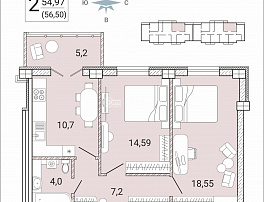 2-комнатная квартира, 56.5 м2