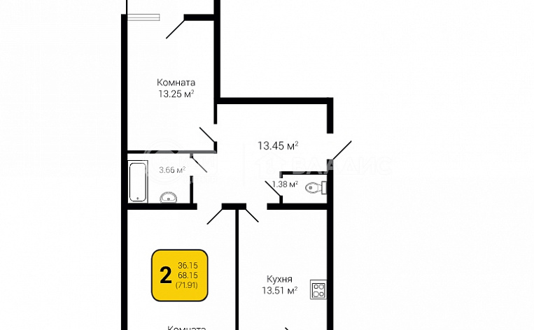 2-комнатная квартира, 71.91 м2, эт. 14, id: 756617, фото 4