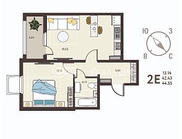 1-комнатная квартира, 44.55 м2