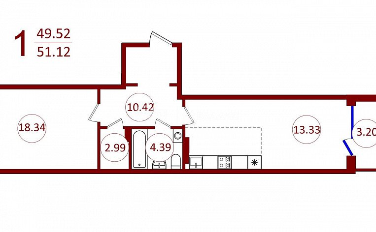 1-комнатная квартира, 51.12 м2, эт. 6, id: 829701, фото 18
