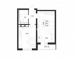 1-комнатная квартира, 41.5 м2