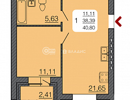 1-комнатная квартира, 39.6 м2