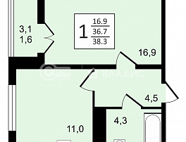 1-комнатная квартира, 38.3 м2