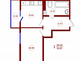 1-комнатная квартира, 39.87 м2