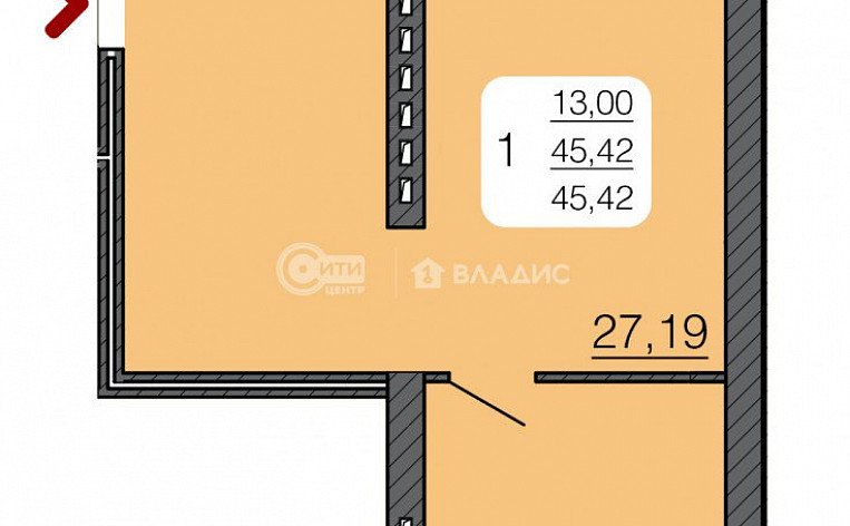 1-комнатная квартира, 45.42 м2, эт. 3, id: 878359, фото 6