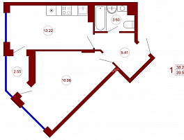 1-комнатная квартира, 39.56 м2