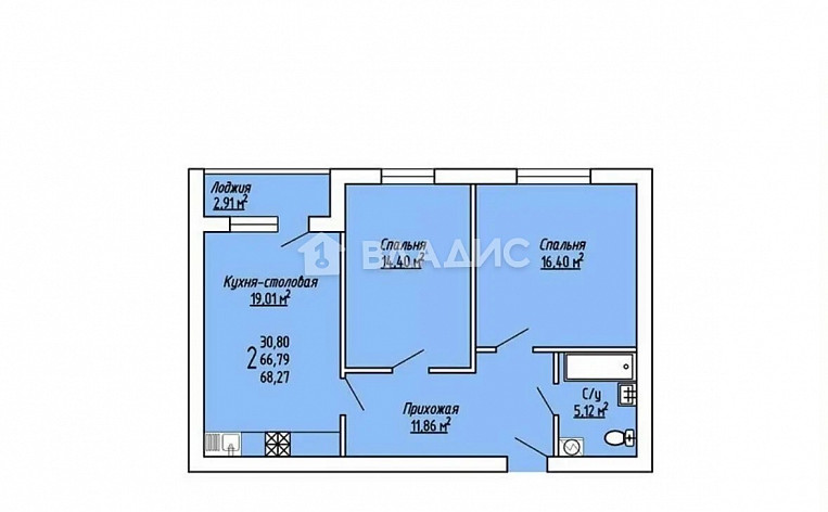 2-Комнатная квартира 68.00м², эт. 3, фото 6