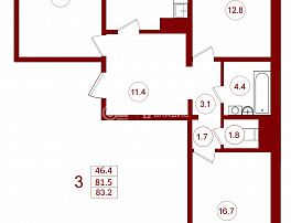 3-комнатная квартира, 83.2 м2