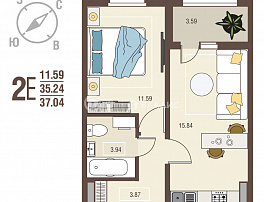 1-комнатная квартира, 37.04 м2