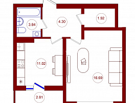 1-комнатная квартира, 39.18 м2