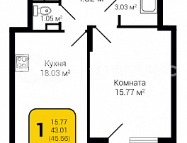 1-комнатная квартира, 45.56 м2