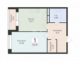 1-комнатная квартира, 46.91 м2
