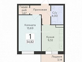 1-комнатная квартира, 34.82 м2