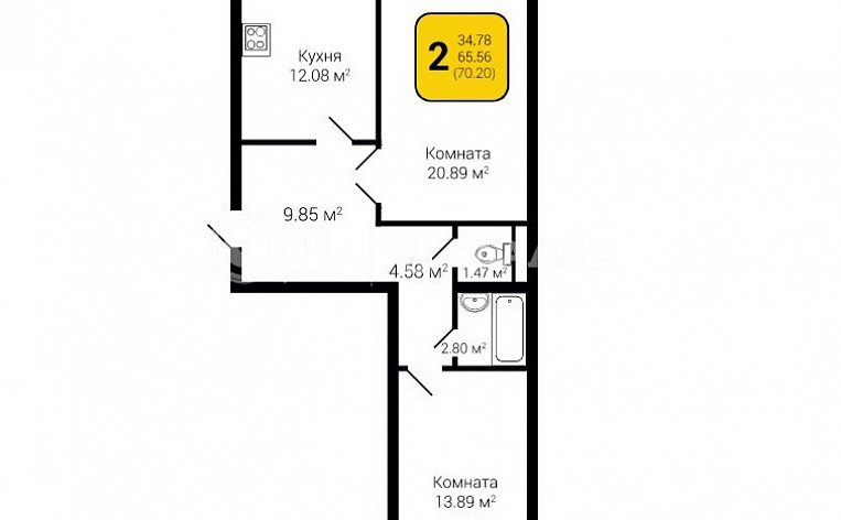 2-комнатная квартира, 70.2 м2, эт. 9, id: 756654, фото 5