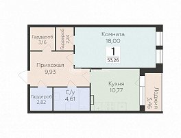 1-комнатная квартира, 53.26 м2