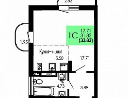 1-комнатная квартира, 33.83 м2