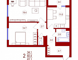 2-комнатная квартира, 62.1 м2