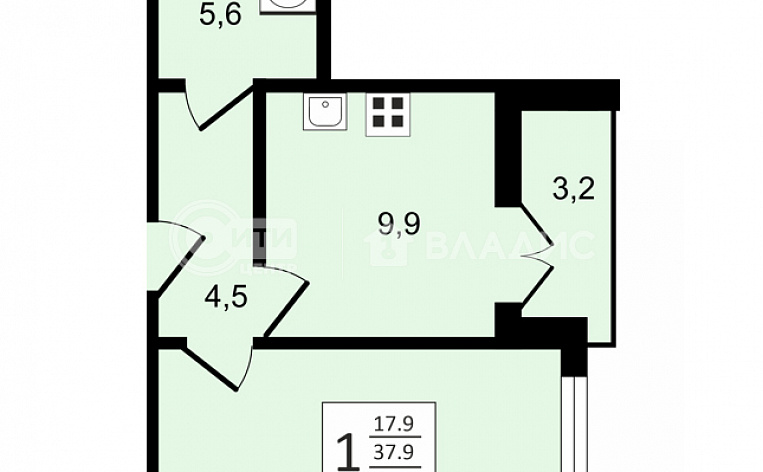1-комнатная квартира, 39.5 м2, эт. 17, id: 910091, фото 10